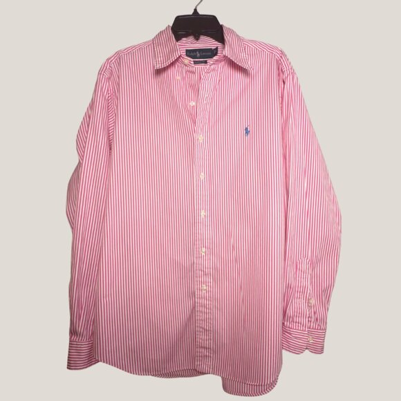 Men's Polo Ralph Lauren Pink/White Striped Oxford Shirt, Large - Picture 1 of 5